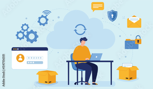 Cloud Computing Security and Data Management: Man Working on Laptop with Cloud Storage, Password Protection, Secure Communication, and Online Data Transfer Solutions.