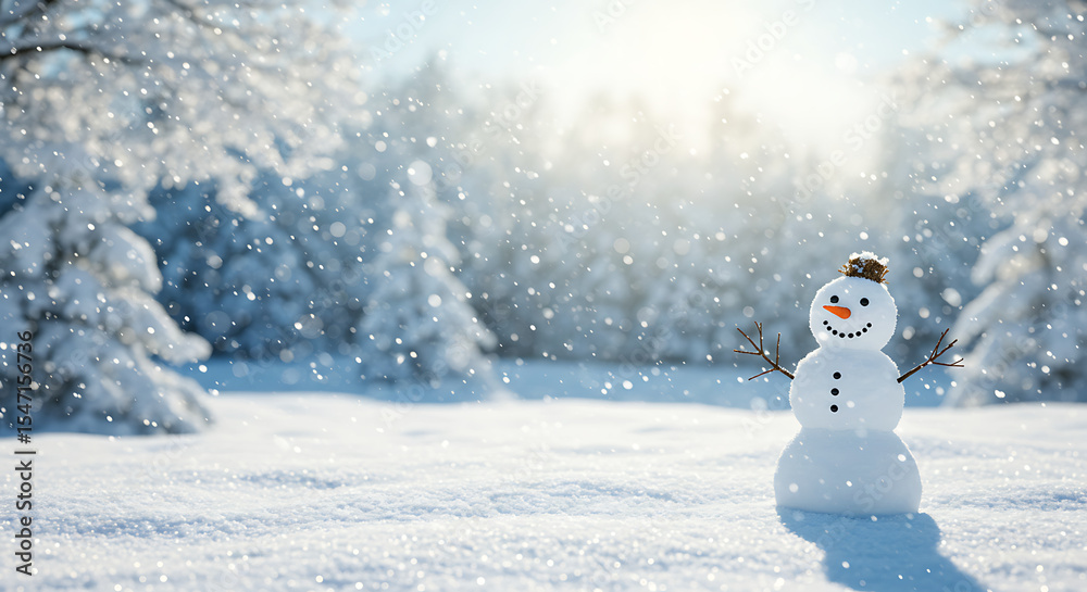 Obraz premium Snowman in winter landscape with falling snowflakes and white snowy background, festive seasonal scene winter holidays