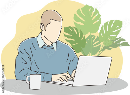 A man working on a laptop indoors - vector illustration.