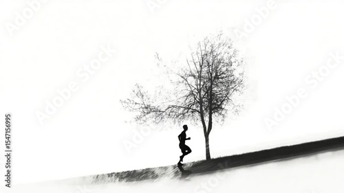 Solitary Runner Silhouette Against a Bare Tree in Monochrome