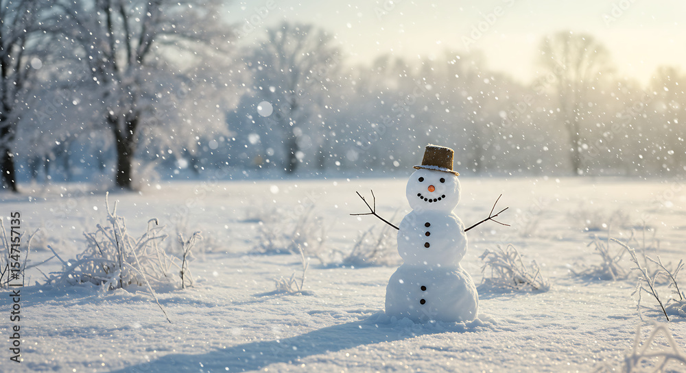 Obraz premium Snowman in winter landscape with falling snowflakes and white snowy background, festive seasonal scene winter holidays