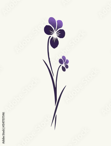 A minimalist vector illustration of two elegant purple flowers with slender stems and leaves. The design features a smooth gradient from deep violet to light purple, giving a clean, modern, and gracef