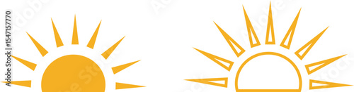 Sun icon set, sunshine and solar glow sunrise or sunset. Decorative circle full and half sun and sunlight. Hot solar energy for tan. Vector sun light sign collection isolated on transparent background