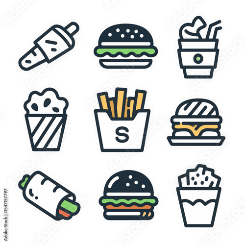 Modern outlined fast food icon set with burger, fries, taco, soda, and wrap, designed in minimal style for web UI and infographic elements.
