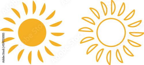 Sun icon set, sunshine and solar glow sunrise or sunset. Decorative circle full and half sun and sunlight. Hot solar energy for tan. Vector sun light sign collection isolated on transparent background