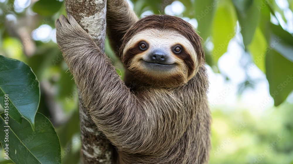 Fototapeta premium A Delightful Sloth Encounters the Camera with a Gentle Embrace of a Branch