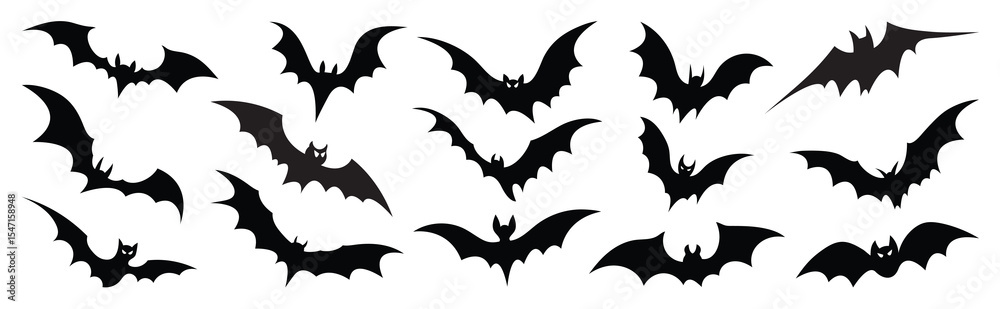 Naklejka premium Happy Halloween silhouette element vector set. Collection of spooky bat flying. Halloween decoration Isolated icon holidays for festival, sticker, card, decorative.