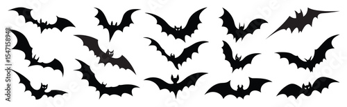 Happy Halloween silhouette element vector set. Collection of spooky bat flying. Halloween decoration Isolated icon holidays for festival, sticker, card, decorative.