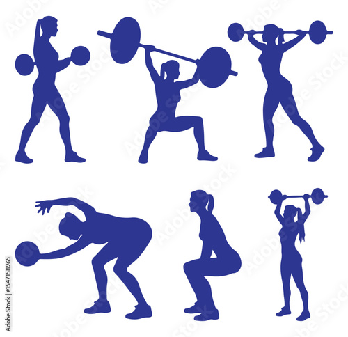 Body Building, Weight Lifting, Exercise, Gym Silhouettes. Weightlifting blue silhouettes isolated on white background. Vector illustrator