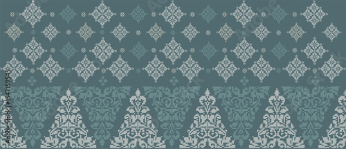 Batik Songket traditional design background. Seamless pattern embroidery Embroidery on fabric. Seamless pattern. Vector illustration for web design or print.
