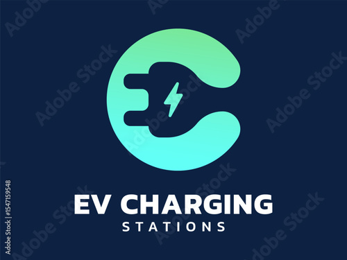 Electric vehicle with overlapping Pulg Connector Symbol in letter C logo vector design concept. EV charging logotype symbol for Electric Car, EV station, ui, business, infographic, clean energy.