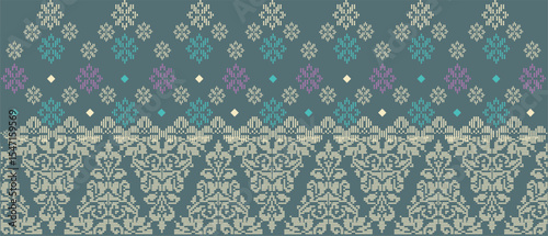 Batik Songket traditional design background. Seamless pattern embroidery Embroidery on fabric. Seamless pattern. Vector illustration for web design or print.
