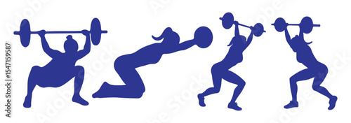 Body Building, Weight Lifting, Exercise, Gym Silhouettes. Weightlifting blue silhouettes isolated on white background. Vector illustrator