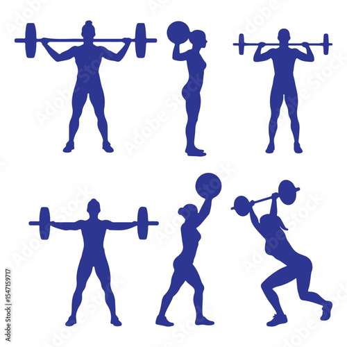 Body Building, Weight Lifting, Exercise, Gym Silhouettes. Weightlifting blue silhouettes isolated on white background. Vector illustrator