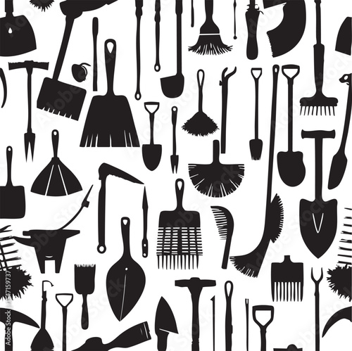  Seamless Pattern of Gardening and Farming Tools Silhouettes