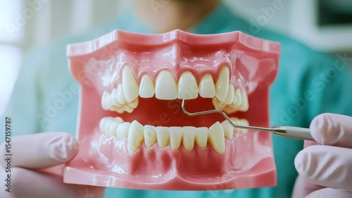Dental examination: closeup hand demonstrating oral health check on jaw model