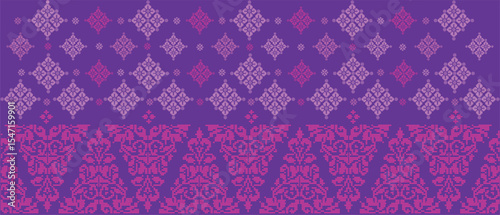 Batik Songket traditional design background. Seamless pattern embroidery Embroidery on fabric. Seamless pattern. Vector illustration for web design or print.
