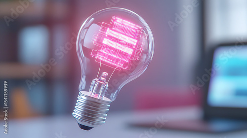 A glowing light bulb with a pink hue symbolizes innovation and creativity in a modern setting.