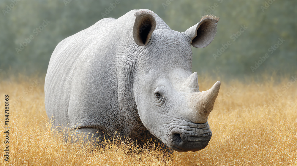 Fototapeta premium A majestic white rhinoceros stands gracefully in golden grass, showcasing its powerful build in a serene natural habitat.
