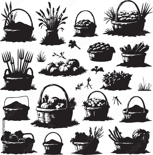 Extensive Harvest Baskets and Garden Produce Silhouettes Set