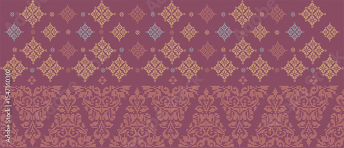 Batik Songket traditional design background. Seamless pattern embroidery Embroidery on fabric. Seamless pattern. Vector illustration for web design or print.
