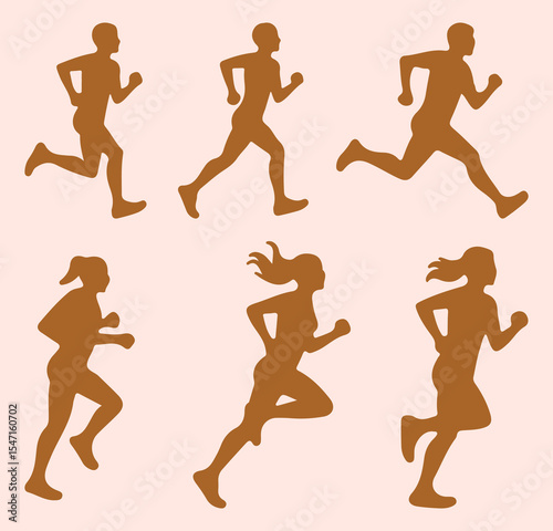 Runner silhouette vector set. Running silhouettes of men and women, athletic motion poses, jogging and sprinting shadow figures symbol silhouette collection. 