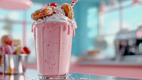 A gigantic milkshake topped with donuts, candy, and whipped cream, served in a retro diner