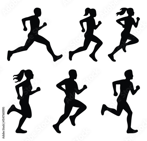 Run, set of running people. Runners silhouettes collection. Silhouette of athletes jogging sequence, fitness concept. 