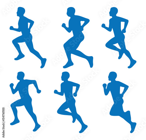 Runner silhouettes collections. Silhouette of man athletes running in motion, dynamic jogging sequence, fitness concept, human movement, marathon training symbol set in blue color. Running men vector.