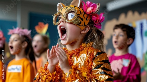 Students in animal costumes perform under makeshift stage lights. A girl in a tiger mask roars