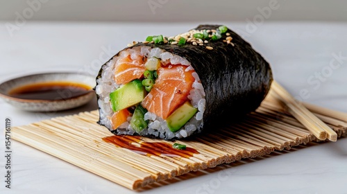 A colorful sushi burrito stuffed with fresh salmon, avocado, and pickled veggies, wrapped in nori on a bamboo mat