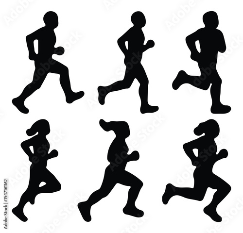 Run, set of running people. Runners silhouettes collection. Silhouette of athletes jogging sequence, fitness concept. 