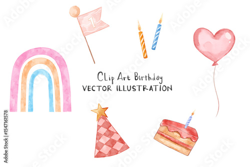 Watercolor birthday element set with balloon, candles, hat, strawberry cream cake, and cute rainbow. Surprise collection for kid celebration.