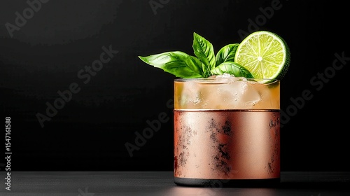 A muddled Thai basil and lime cocktail served in a copper mug