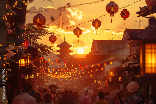 Beautiful japanese street scene with lanterns and people during golden sunset hour