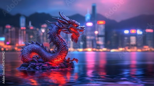 Dragon, Statue, Hong kong, Dragon Statue in Hong Kong Harbor at Night