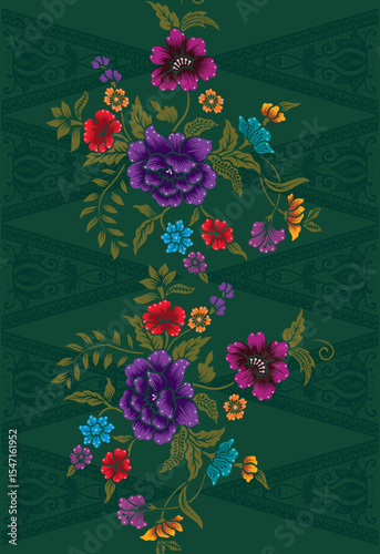 Batik Songket traditional design background. Seamless pattern embroidery Embroidery on fabric. Seamless pattern. Vector illustration for web design or print.
