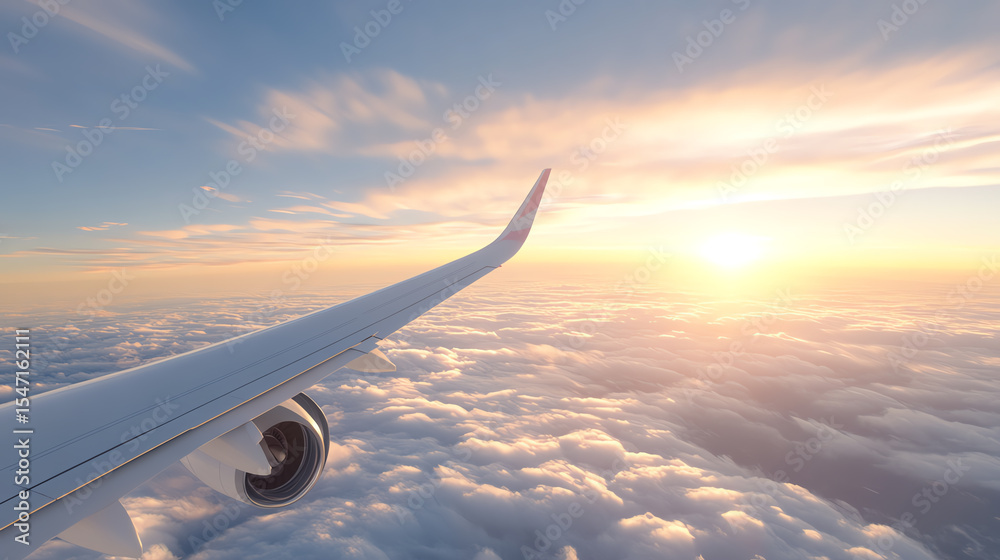 Obraz premium Aerial view of an airplane wing against a stunning sunset over the clouds, symbolizing travel and adventure in the sky.