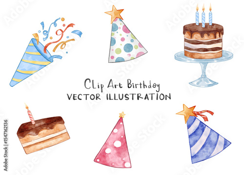 Watercolor birthday element set with birthday cake, candles, hat, chocolate cream cake, and birthday trumpet. Surprise collection for kid celebration.