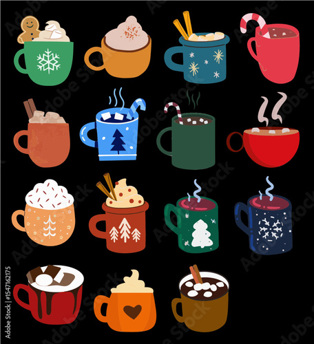 Sticker design themed around Christmas hot chocolate drinks with various cup designs (in conjunction with the celebration)