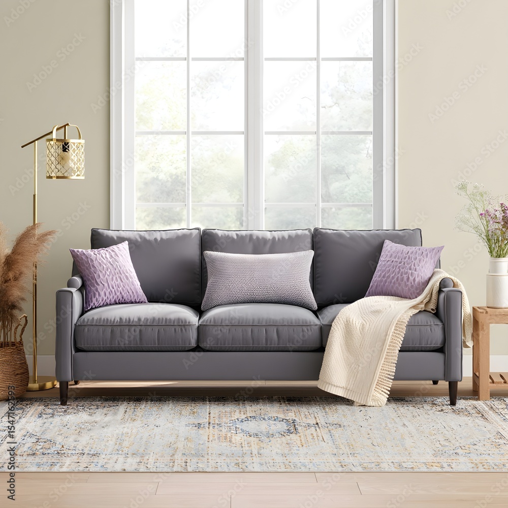 Fototapeta premium Serene Living Room with Gray Sofa and Lavender Accents
