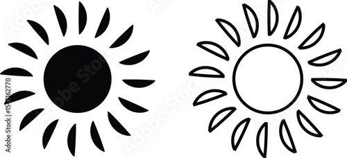 Sun icon set, sunshine and solar glow sunrise or sunset. Decorative circle full and half sun and sunlight. Hot solar energy for tan. Vector sun light sign collection isolated on transparent background