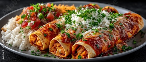 Delicious enchiladas with rice and salsa