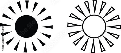 Sun icon set, sunshine and solar glow sunrise or sunset. Decorative circle full and half sun and sunlight. Hot solar energy for tan. Vector sun light sign collection isolated on transparent background