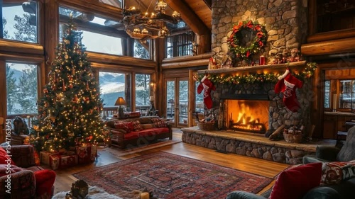 Cozy Christmas Cabin: Festive Fireplace and Mountain View