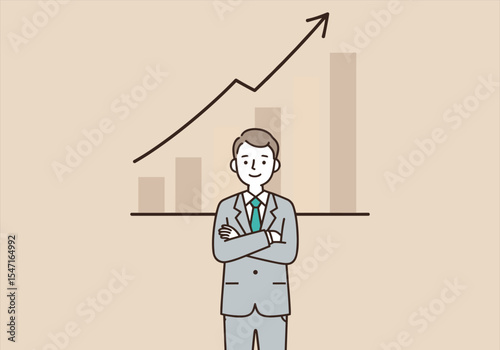 Cartoon vector illustration of a smiling businessman character with a graph and a blank board in his hand, a concept for business, occupation, or health
