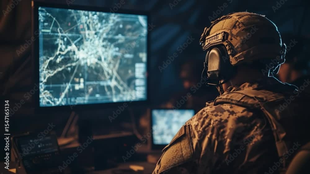 Military Strategist Analyzing Tactical Map on a Large Monitor Military Strategist Analyzing Tactical Map on a Large Monitor