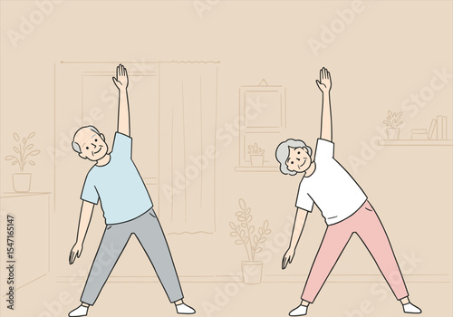 Vector illustration of a cartoon couple exercising with dumbbells in a gym