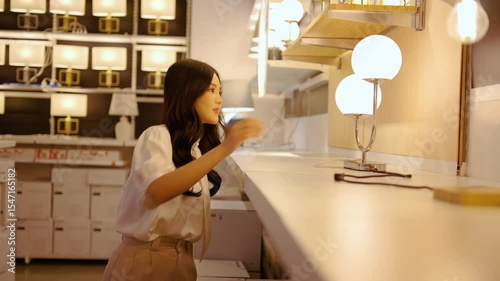 In a stylish home furniture store, Young asian woman is testing a decorative lamp, evaluating the brightness to enhance her interior decor, interior lighting section shopping, home decor