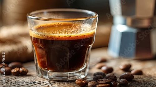 First sip with mellow coffee props concept. A rich espresso shot in a clear glass on a wooden table.